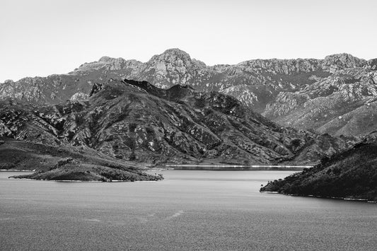 Australian Prints by Mackenzie Sweetnam. A scenic view of Lake Pedder, Tasmania, in Black and white 